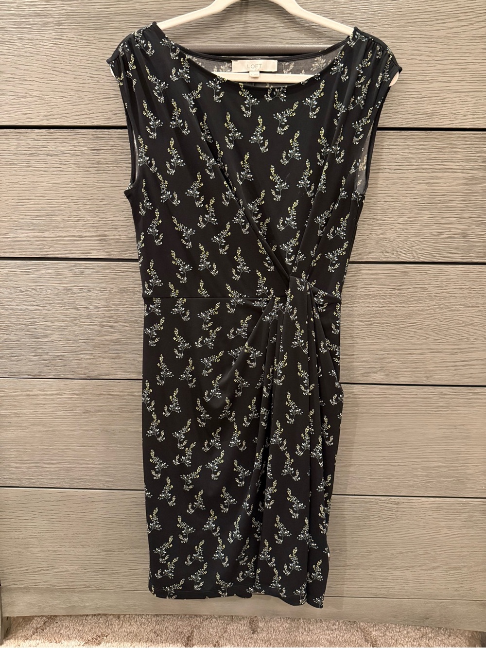 LOFT Black Floral Midi Dress with Green and White Print